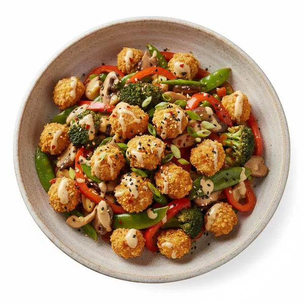 Zingy Popcorn Tofu With Spicy Garlic Vegetable Medley
